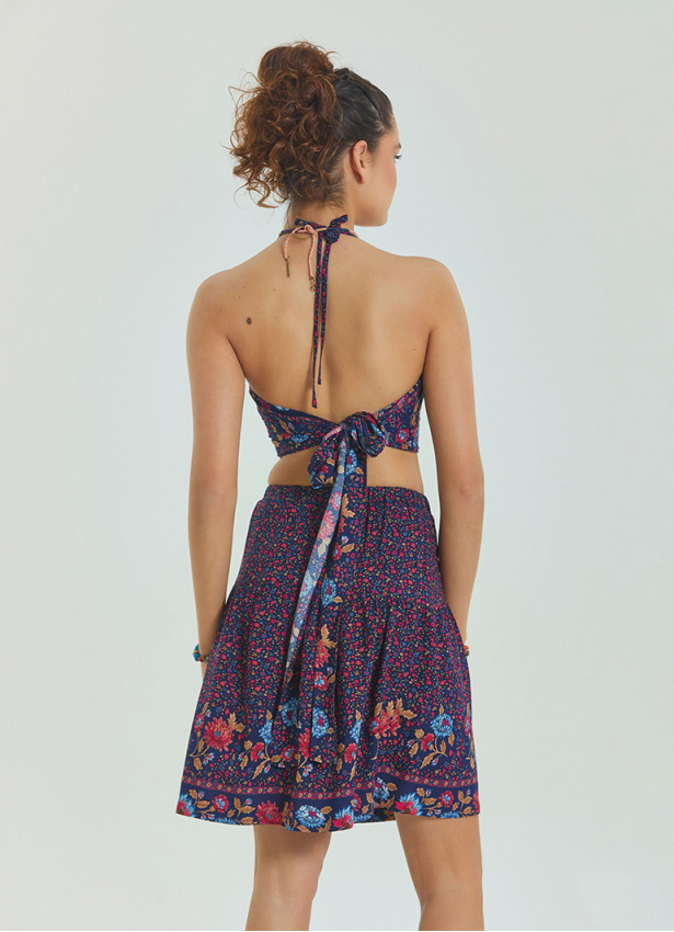 Halter Neck Open Back Pink Floral Crop Blouse 4615